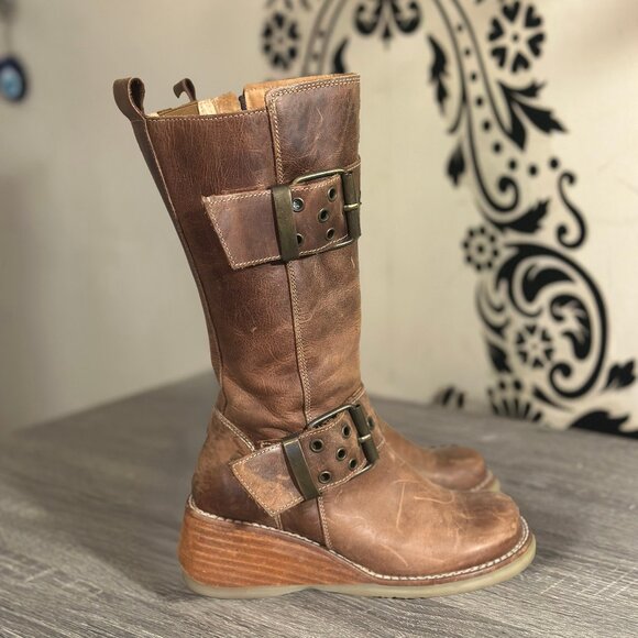 Destroy Spain Brown Leather Wedge Buckle Boots – Distressed Vintage Style - Picture 4 of 6